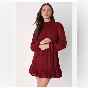 Lulu’s Cheerful Charmer Wine Red Lurex Sz XS Long Sleeve Mini Dress